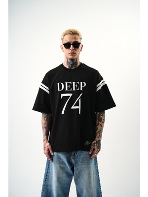Erkek Deep 74 Baskılı Oversize T-Shirt Siyah