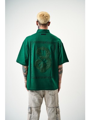 Respire Erkek 3 Nakışlı Yarım Fermuarlı Oversize T-Shirt Nefti