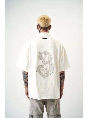 Erkek 3 Nakışlı Yarım Fermuarlı Oversize T-Shirt Ekru