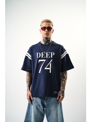 Erkek Deep 74 Baskılı Oversize T-Shirt Indigo