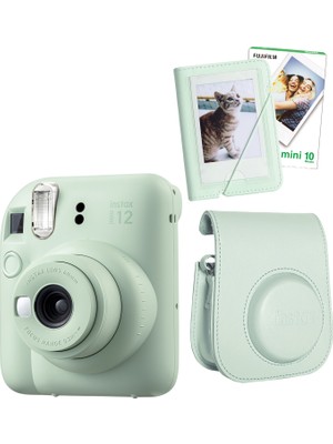 Instax Mini 12 Yeşil Fotoğraf Makinesi + 10'lu Film Mini Albüm ve Deri Kılıf Seti