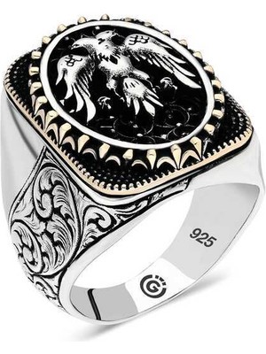 Gümüş Çift Başlı Kartal Oval Erkek Yüzük - 24