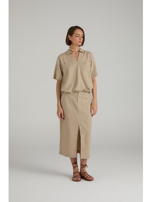 Brandup Keten Karışımlı Midi Etek