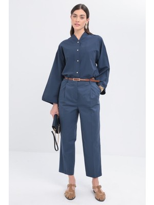 Indigo-Kemerli Likralı Boru Paça Pantolon