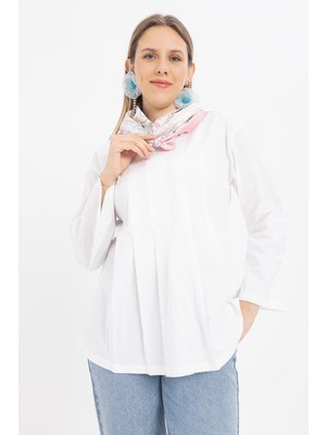 Beyaz-Pileli Gizli Fermuarlı Likralı Bluz