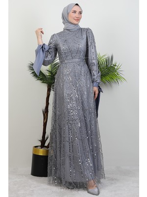 Kol Ucu Saten Abiye Gri