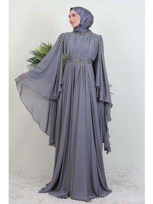 Giza Store Tutku Şifon Abiye Gri
