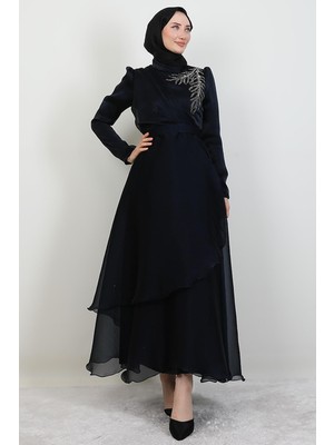 Taşlı Organze Abiye Koyu Lacivert