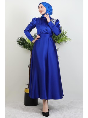 Omzu Taşlı Saten Abiye Saks