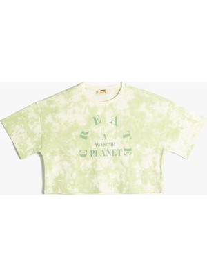 Koton Tişört Crop Oversize Batik Desenli Bisiklet Yaka Baskılı