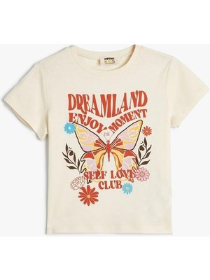 Koton Tişört Kısa Kollu Bisiklet Yaka Kelebek Baskılı Pamuklu