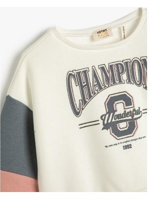 Koton Kolej Baskılı Sweatshirt Renk Bloklu Bisiklet Yaka Şardonlu