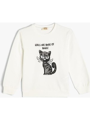 Koton Sweatshirt Kedi Baskılı Bisiklet Yaka Uzun Kollu Pamuklu