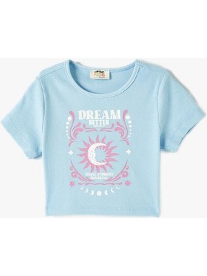 Koton Crop Tişört Baskılı Ribanalı Kısa Kollu Bisiklet Yaka