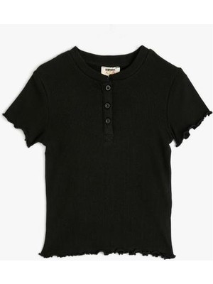 Koton T-Shirt Kısa Kollu Yuvarlak Yaka Düğme Detaylı Ribanalı Pamuklu