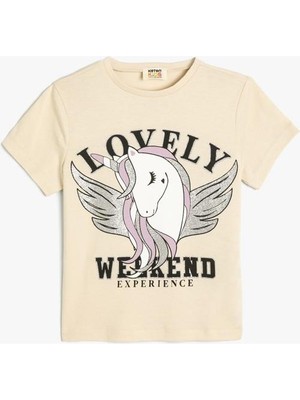 Koton Tişört Unicorn Baskılı Kısa Kollu Bisiklet Yaka Pamuklu