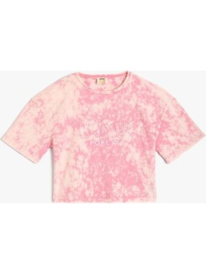 Koton Tişört Batik Desenli Slogan Baskılı Kısa Kollu Pamuklu