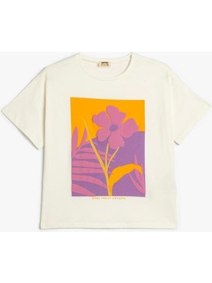 Koton T-Shirt Çiçek Baskılı Kısa Kollu Bisiklet Yaka Pamuklu