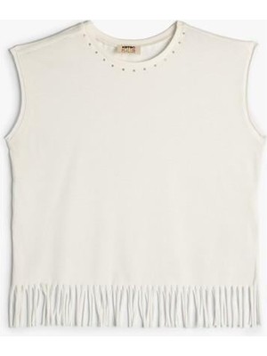 Koton Tişört Kolsuz Kısa Kollu Püsküllü Bisiklet Yaka Boncuk Detaylı Pamuklu