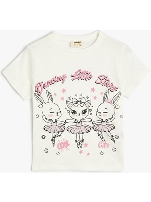 Koton Ekru Kız Çocuk T-Shirt Kısa Kol Günlük Stil %100 Pamuklu Rahat Tasarım