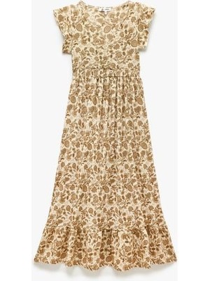 Koton V Yaka Kelebek Kollu Desenli Katlı Uzun Elbise