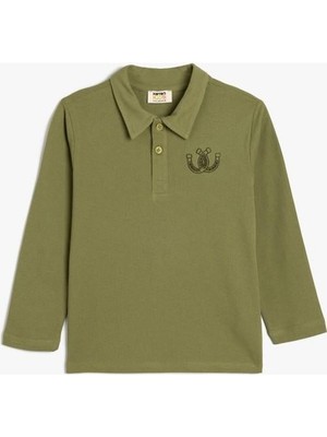 Koton Polo Tişört Uzun Kollu Işleme Detaylı Pamuklu