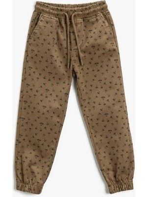 Koton Jogger Pantolon Beli Bağlamalı Erkek Çocuk Palmiye Desenli Deve Tüyü Renkli Cepli Model