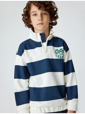 Koton Dik Yaka Yarım Fermuarlı Sweatshirt Erkek Çocuk Kolej Işlemeli Çizgili Desen