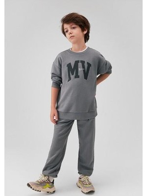 Mavi Kapüşonlu Gri Sweatshirt Erkek Çocuk için Truvakar Kol ve Kanguru Cebi ile Oversize Kesim