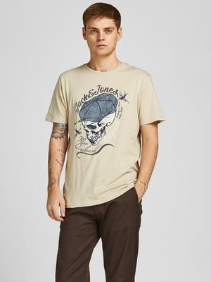 Jack & Jones 12205684_Jordome Tee Bisiklet Yaka Standart Kalıp Baskılı Krem Erkek T-Shirt