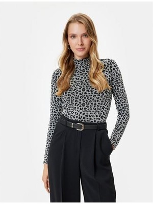 Koton Leopar T-Shirt Dik Yaka Uzun Kollu Slim Fit