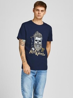 Jack & Jones 12205684_Jordome Tee Bisiklet Yaka Standart Kalıp Baskılı Lacivert Erkek T-Shirt