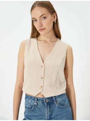 Koton Crop Yelek V Yaka Düğmeli Standart Kesim