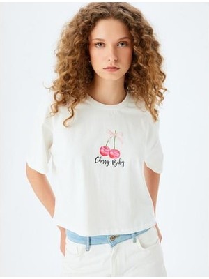 Koton Kiraz Baskılı Rahat Kalıp Bisiklet Yaka Kısa Kollu Crop T-Shirt