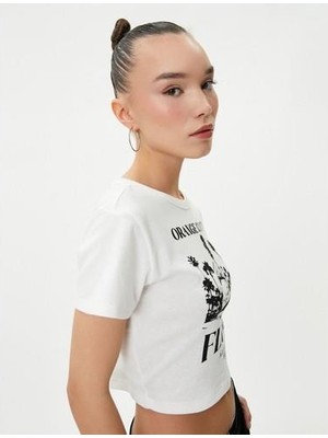 Koton Kısa Kollu Crop Tişört Baskılı Bisiklet Yaka Pamuklu