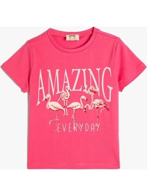 Koton Flamingo Baskılı Kısa Kollu Bisiklet Yaka Pamuklu