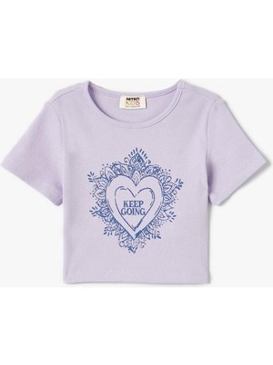 Koton Slogan Işlemeli Crop Tişört Dar Kalıp Bisiklet Yaka Kısa Kollu