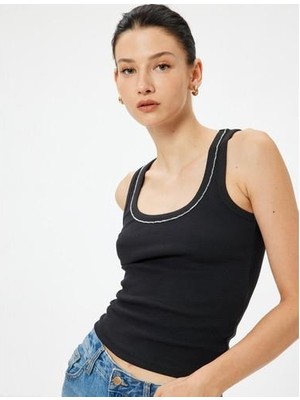 Koton Askılı Tişört Taşlı Fitilli U Yaka Pamuklu Slim Fit