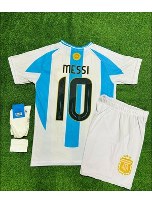 Arjantin 2024/25 Sezon Lionel Messi Çocuk Forması Şort Çorap Bileklik 4'lü Seti