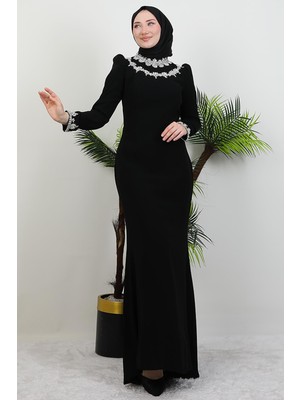 Giza Store Çiçek Taşlı Elbise Siyah