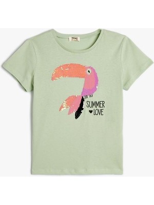 Koton Papağanlı Tişört Pullu Payetli Kısa Kollu Pamuklu