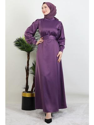 Giza Store Kemerli Saten Elbise Koyu Lila