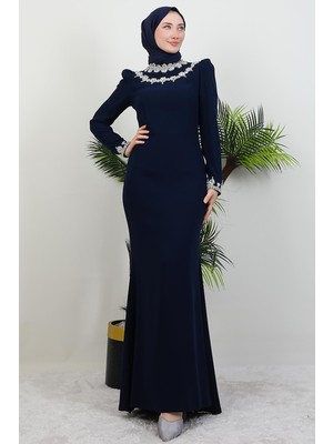 Giza Store Çiçek Taşlı Elbise Lacivert