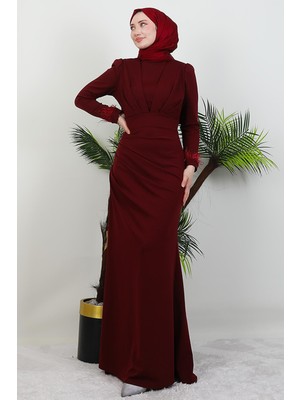 Kolu Tüylü Pile Detay Elbise Bordo