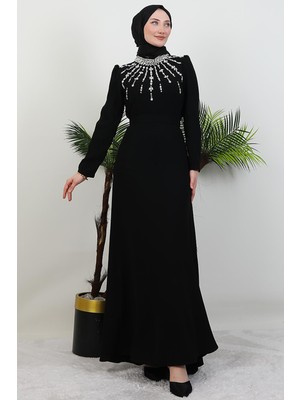 Giza Store Yakası Taş Işlemeli Elbise Siyah