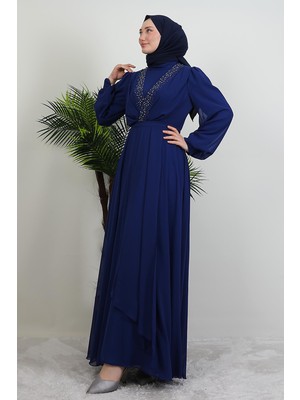 Giza Store Taşlı Çapraz Şifon Elbise Gece Mavi