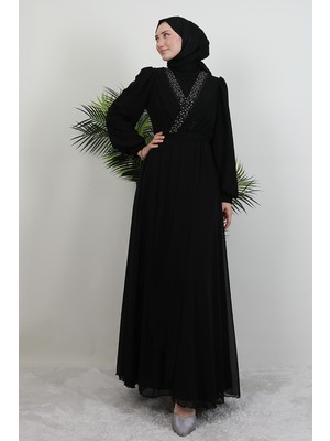 Giza Store Taşlı Çapraz Şifon Elbise Siyah