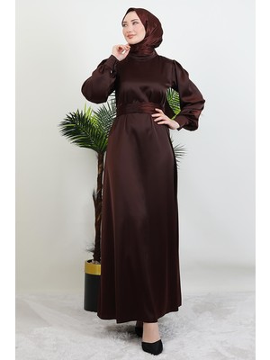 Giza Store Kemerli Saten Elbise Acı Kahve