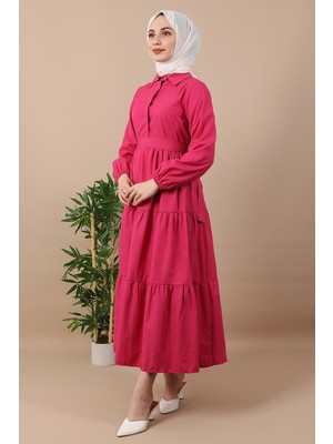 Standart Yaka Düğmeli Elbise K Pembe