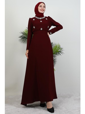 Giza Store Lalin Çiçek Taşlı Elbise Bordo